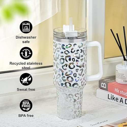 FECBK 40 oz Tumbler with Handle and Straw, 100% Leak-Proof Travel Mug, Stainless Steel Double Wall Vacuum Insulated Coffee Cup Keeps Cold For 34 Hours, Full Black Leopard thumbnail 7