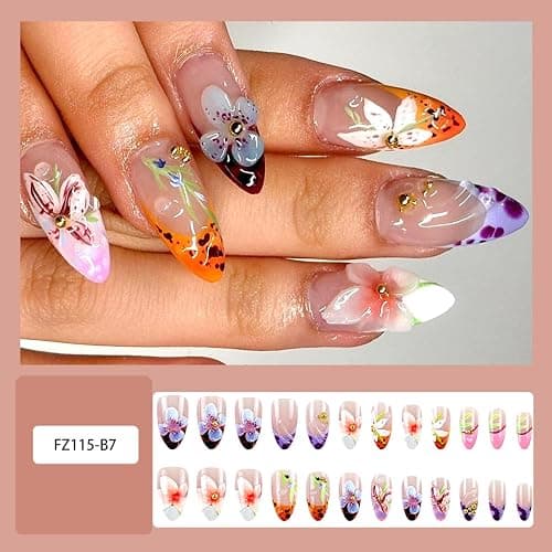 24Pcs Flower Press on Nails Medium Almond French Tip Fake Nails 3D Embossed Diamond Floral Nail Art with Romantic Almond Shape Handmade Stick on Nails French Nails for Women Manicure thumbnail 2