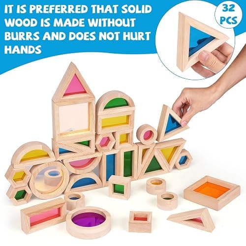 Agirlgle Wooden Rainbow Building Blocks for Kids 32 Pcs Rainbow Stacker Stacking Blocks Game Colorful Construction Toys Preschool Learning Educational Toys -Geometry Wooden Blocks for Boys & Girls thumbnail 2