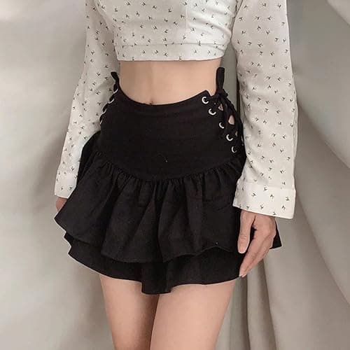 XKBHYD Womens Ruffle Tie Close Skirts Black Mini Skirt High Waist Goth Punk Skirt Girls Pleated Skirt Summer thumbnail 3
