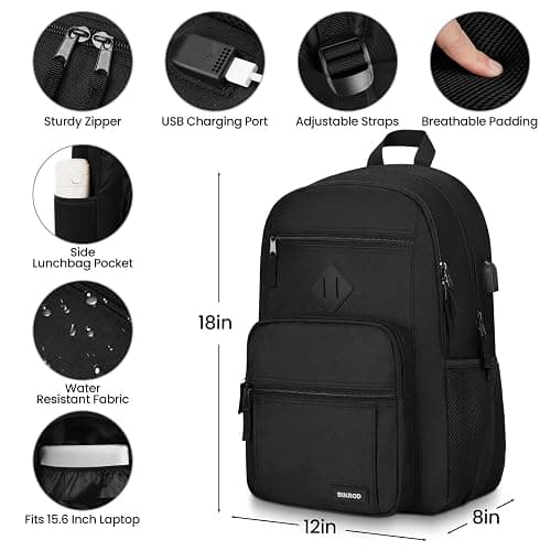 Black Backpack for Men and Women, Backpack for School Teens Boys and Girls, Lightweight Casual High School Bookbag, Daily-use Travel Laptop Backpack with USB Charging Port Fits 15.6 Inch Notebook thumbnail 2