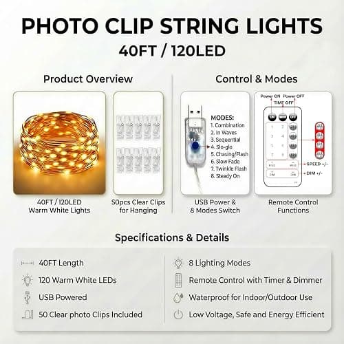 Teen Girl Gifts Trendy Stuff: Aesthetic 40Ft 120LED Hanging Picture Fairy Lights with 50 Clips - 8 Modes & Timer, Waterproof - Trendy Teenager Girl Gift for Birthday Christmas, Dorm Bedroom Wall Decor thumbnail 6