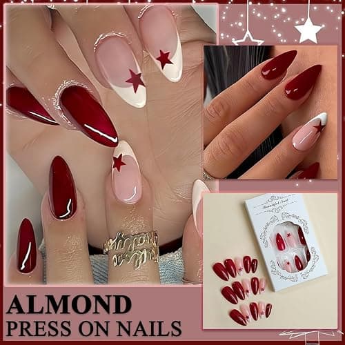 24 Stück Mittel Press on Nails Almond - Rot Finger Nägel - French Nails Press on mit Sternmotiv - Full Cover Künstliche Fingernägel Zum Aufkleben - Falsche Nägel für Frauen & Mädchen (Red Star) thumbnail 2