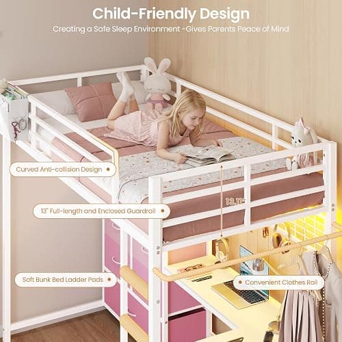 DICTAC Twin Size Loft Bed with L-Shaped Desk and 7 Storage Drawers,Metal Twin Loft Bed for Kids with LED Lights & Charging Station,Girls loft beds with 13.11" H Safety Guardrail and Stair,White+Pink thumbnail 7