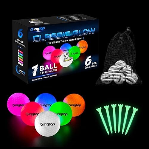 KINGTOP Upgraded Glow in The Dark Golf Balls - Super Bright Light Up LED Golf Ball - with Glow Golf Tees and Storage Bag - Fun Night Golfing Gift for Men and Women | Backyard Putting Greens - Classic Glow- Single Color- Impact Activated- 6Pack