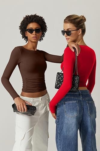 QINSEN Womens Crewneck Long Sleeve Shirt Double Lined Basic Tees Side Ruched Going Out Crop Tops thumbnail 6