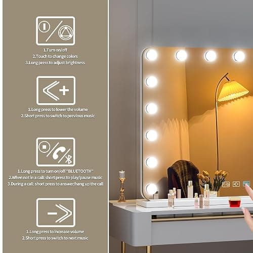 Hasipu Vanity Mirror with Lights and Bluetooth Speaker, 31.5" x 23.6" Hollywood Mirror, Makeup Mirror with 17 Dimmable Bulbs and 10X Magnification, 3 Colors Modes, USB Charging Port, Type-C (White) thumbnail 7
