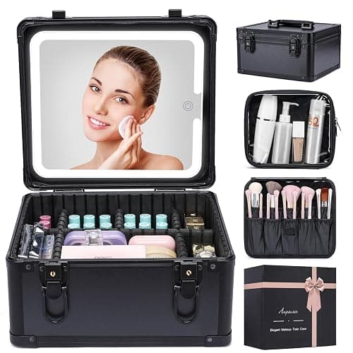 Makeup Box with Led Mirror,Travel Train Hard Case with Rechargeable Lighted Mirror Adjustable Dividers,Cosmetic Organizer Storage Bag for Makeup Artists,Appropriate Gift for Women and Girls,Black - Image 1