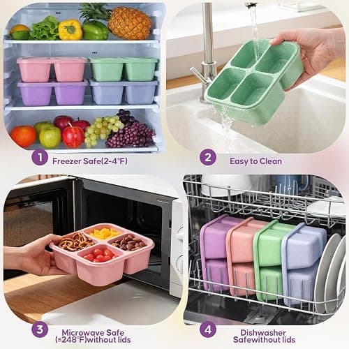 TIME4DEALS 4 Pack Divided Snack Containers, Reusable 4 Compartment Snack Containers Bento Box with 2Pcs Sauce Containers, BPA-Free Meal Prep Lunch Containers for Kids & Adults (School, Work, Travel) thumbnail 5