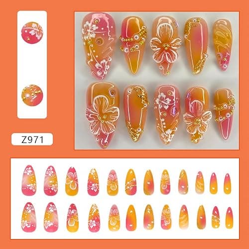 24Pcs Flower Press on Nails Medium Almond Handmade Fake Nails with 3D Pearl Charms Design Orange Red False Nails Full Cover Artificial Glue on Nails Spring Summer Stick on Nails for Women DIY Manicure - Flower Fake Nails-21 thumbnail 2