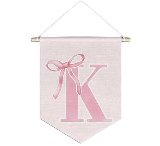 foedor initial Personalized Preppy Canvas Hanging Pennant Flag Banner, Coquette Pink Bow Teen Girl Gifts,Trendy Cute Monogrammed Gifts Wall Decor for Women Teen Girl Nursery bedroom(K) - Image 1