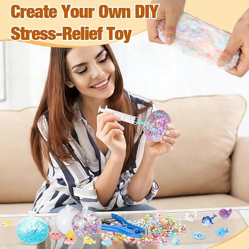 Tasdurian 12 Set DIY Making Kit, Macaron Color, Ocean | Milky Blank Stress Ball DIY Kit, Crunchy Stress Ball, Make Your Own Squeeze Kit Gift, 12 Skin Empty Squeeze Balls,Fill Bead thumbnail 7
