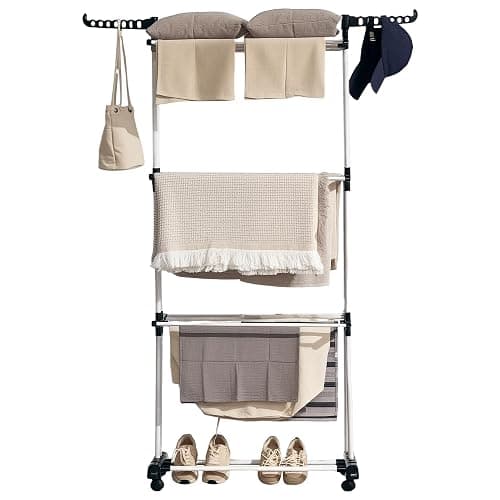 HOMCOM Séchoir étendoir à Linge, sur Roulette, 3 Niveaux, Pliable, avec Ailes latérales, Cadre en Acier, intérieure et extérieure, 73 x 64 x 177 cm, Noir Argent - 125x64x177cm - Argent - Image 1