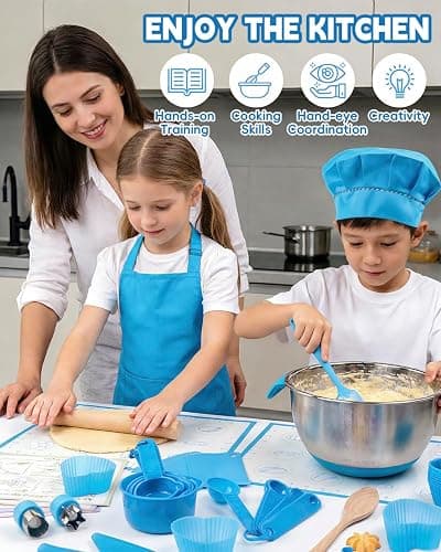 Kids Baking Set–Real Cooking Set for Kids with Kids Cooking Utensils & Kitchen Accessories, Measuring Tools & Baking Supplies,Great Gift for Pretend Play & Montessori Learning (Blue) thumbnail 6
