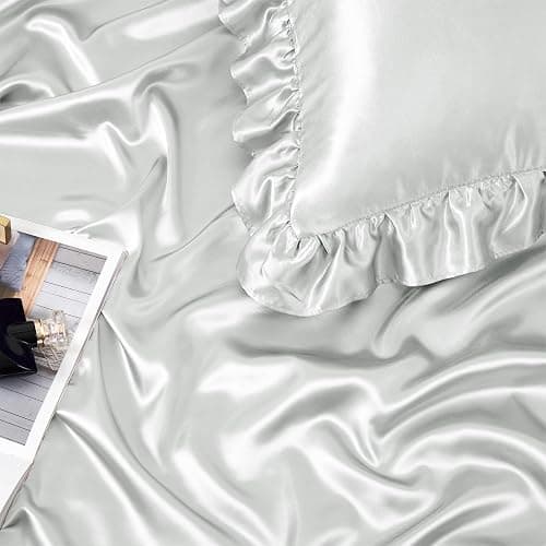 Homiest 2-Pieces Ruffle Pillow Case & Satin Fitted Sheet Set, Light Grey Twin Satin Sheets with Ruffled Pillow Shams, 15 Inch Deep Pocket, Cute & Coquette Silk-Like Bed Set for Decorating Bedroom thumbnail 5