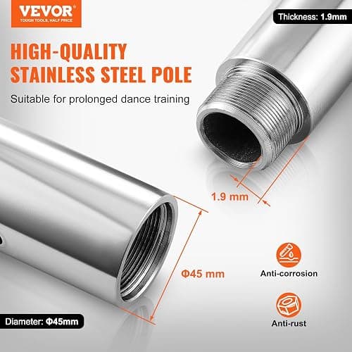 VEVOR Professional Dancing Pole, Spinning Static Dancing Pole Kit, Portable Removable Pole, 45mm Heavy-Duty Stainless Steel Pole, Height Adjustable Fitness Pole, for Exercise Home Club Gym, Silver thumbnail 2