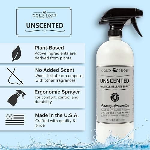 Cold Iron Wrinkle Release Spray for Clothes. 32 fl oz. Unscented/Fragrance Free. Plant Based Ironing Alternative. Fast, Easy to Use. Spray, Smooth, Hang. Award Winning Formula to Save You Time thumbnail 3