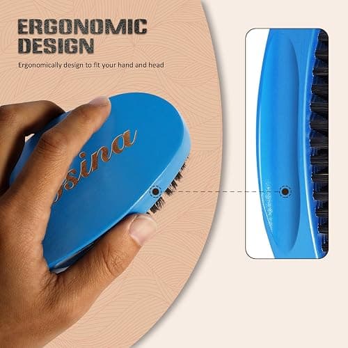 Medium Palm Wave Brush with Pure Black Boar Bristles - For Men's 360 Waves on Thin and Normal Hair (Blue) thumbnail 4