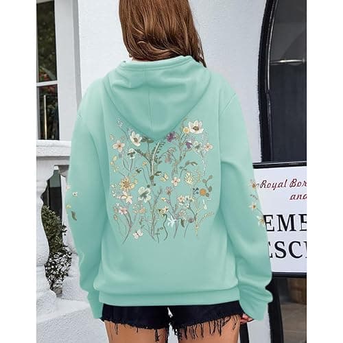 Sulayesh Women's Floral Printed Hoodies Vintage Aesthetic Flower Graphic Sweatshirt Cute Boho Fleece Thermal Hoodie Pullover - Light Green - Large thumbnail 4