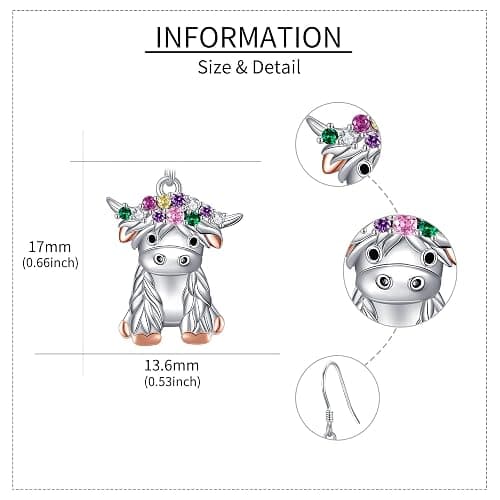 Peacock Highland Cow Earrings 18K White Gold Plated Animal Dangle Drop Earrings Jewelry Gifts for Women Lovers thumbnail 3