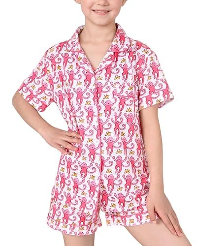 Zelbuck Girls Summer Outfit, Kids 2 Piece Button Down Monkey Beach Shorts Set Ugly Animal Y2k Preppy Loungewear Pjs - Image 1