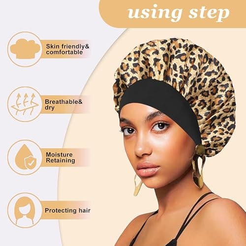4PCS Silk Hair Bonnet for Sleeping,Hair Wrap Satin Bonnets Shower Cap for Black Women Men, Elastic Wide Band Hair Bonnet Cap for Sleeping Curly Hair(Black & Wine Red & Purple Print & Leopard Pattern) thumbnail 3