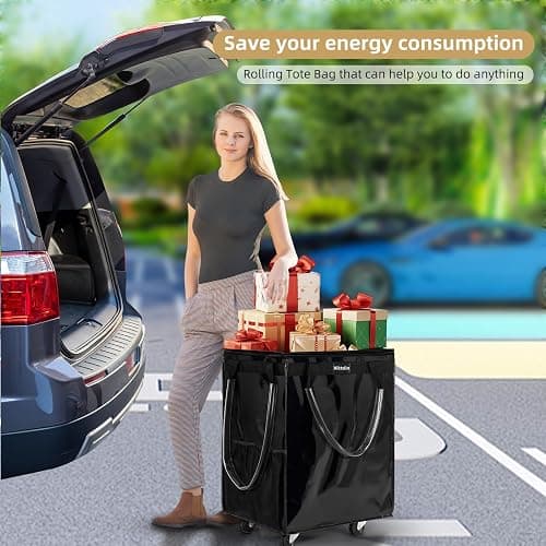 (Large, Black) Reusable Grocery Bag on 5 Wheels, Foldable Rolling Tote Carries Up to 76lb Shopping Trolley, Rolling Bag with 3 Handles, Zipper Clouser Rolling Tote Bag with Wheels for Laundry thumbnail 2