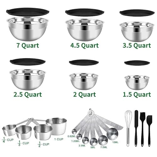 WEPSEN Mixing Bowls Set, 27PCS Stainless Steel Mixing Bowl with Lid Set, Large Nesting Bowls 7, 4.5, 3, 2.5, 2, 1.5QT, Measuring Cups and Spoons Baking Utensils Metal Bowl for Kitchen Prep - E-Black Bowls Set thumbnail 6