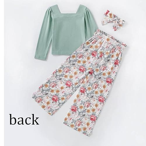 Momkonzz Girls Clothes Kids Outfits Children Long Sleeve Tshirt Sqaure Neck Tops Floral Trousers 5-12 Years - 7-8 Years - Green Floral Set thumbnail 2