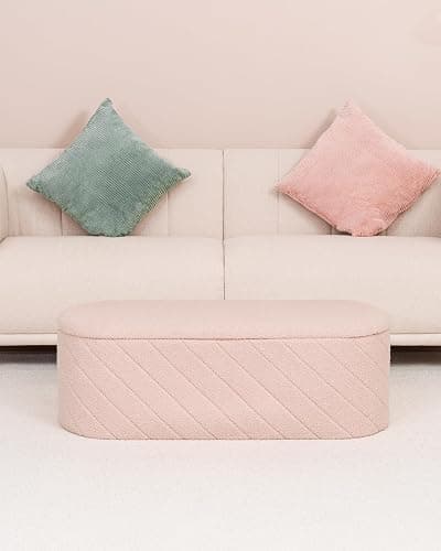ZOLANOful Storage Ottoman Bench with Tray, 43.3 Inches Oval Ottoman with Storage, Folding Teddy Boucle Foot Rest Stool for Bedroom, Living Room, Entryway, Pink thumbnail 8