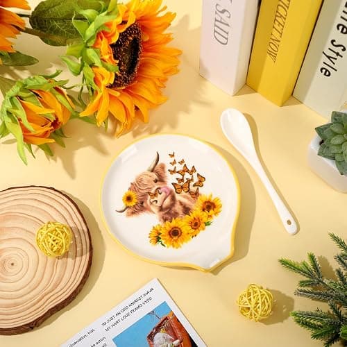 JarThenaAMCS 4.7inch Highland Cow Spoon Rest Watercolor Sunflower Butterfly Cow Small Coffee Spoon Holder for Fall Spring Summer Coffee Stirrers Teaspoon Bar Coffee Station Accessories Kitchen Decor thumbnail 5