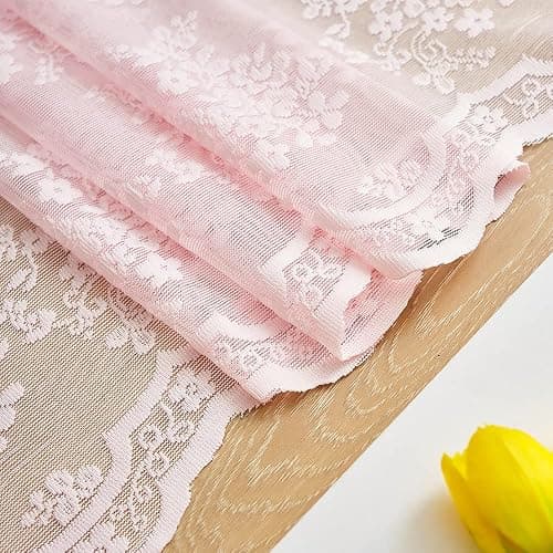 YJ YANJUN Vintage Lace Curtains 63 Inches Length- Cute Sheer Pink Curtains for Girls Bedroom Light Pink Floral Short Window Drapes Princess Girls Room Coquette Decor 2 Panels 52 x63 Inch thumbnail 6