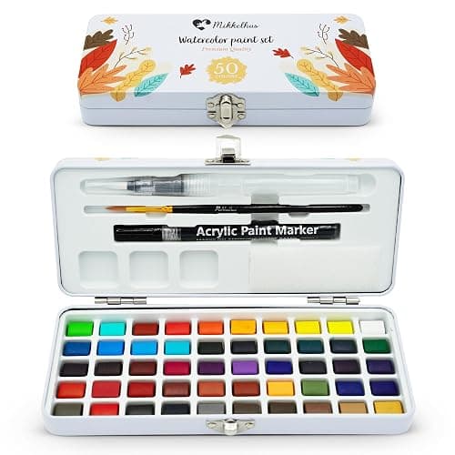 Mikkelhus Watercolour Paint Set - 50 Colours in Metal Box with Brush & Watercolour Paper | Watercolour Painting Set for Travel, Beginners & Artists - Image 1