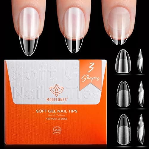 Modelones Medium & Short & Extra Short Almond Nail Tips - Multi-type 3 Styles Set Gel Tips Half Matte Full Cover Clear Acrylic Gel Kit Fake Nails for Extension DIY Salon 450Pcs 15Sizes - Image 1