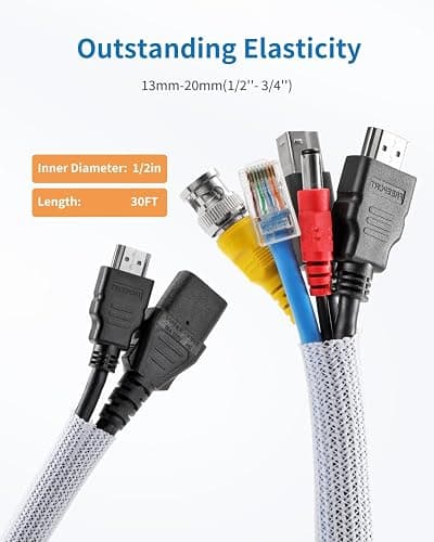 Yecaye 30ft - 1/2 inch Cord Protector Cable Sleeve, Split Braided Wire Loom Tubing for TV Computer USB Cable Power Cord, Cable Management Cord Protectors from Pets no Chew, White (with 10 Zipties) thumbnail 3