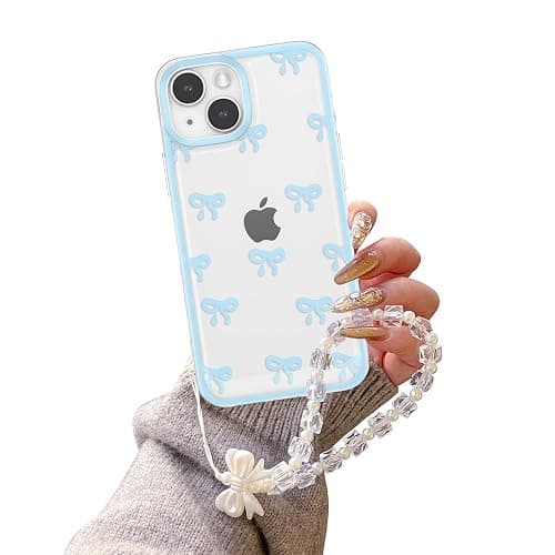 EYZUTAK Case for iPhone 15, Clear Cute Ribbon Bowknot Aesthetic Phone Case with Charm Bracelet Chain Raised Camera Protection Stylish Soft Durable TPU Protective Cover for Women Girls - Blue - Image 1