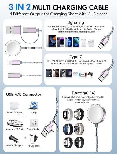 2Pack Multi Charging Cable Cord for Travel Vacation Essentials,Apple Watch Charger,iPhone 17 Charger,[3-in-2] USB A/Type C/Lightning Cable for iWatch,iPhone 17-11,Xbox Series X&S,Airpods,Home,Office thumbnail 2