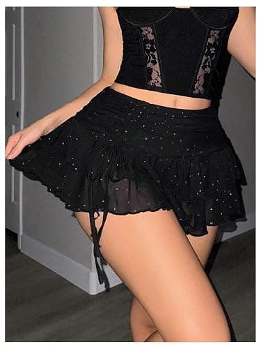 RoseSeek Women's Y2K Sequin Mesh Ruffle Layered Skirts Drop Waist Glitter Ruched Mini Skirt Concert Outfits thumbnail 4