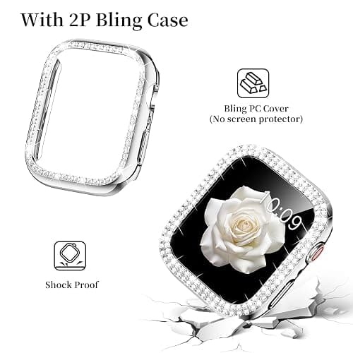 Mosonio Compatible with Apple Watch Band 38mm 40mm 41mm 42mm 44mm 45mm 46mm 49mm with 2 Pack Case Women, Jewelry Replacement Metal Bands Strap with Bling PC Protective Case for iWatch Ultra SE Series 11/10/9/8/7/6/5/4/3/2/1 thumbnail 4