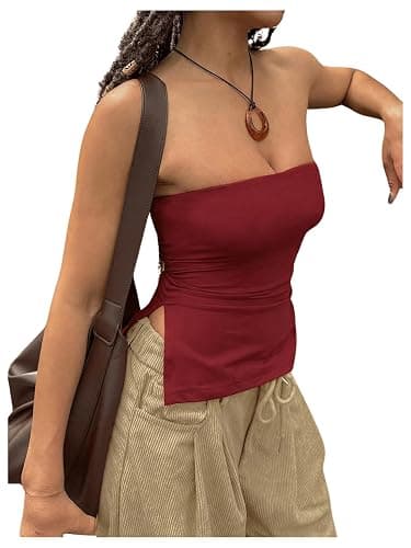 GORGLITTER Damen Tube Top Trägerloses Crop Top Schulterfrei Sommer Tops Röhrentop Bandeau-Top Basic Schlauchtop mit Schlitz - Bordeaux - XS - Image 1