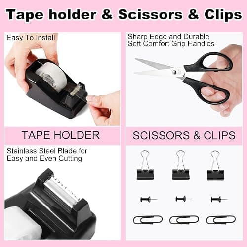 Gawsey Black Desk Organizers and Accessories Set with 360-Degree Rotating Pen Holder, Tape Dispenser, Stapler, Staple Remover, 1000 Staples, Tape, Clips Set, Ruler, Scissor, Pen thumbnail 4