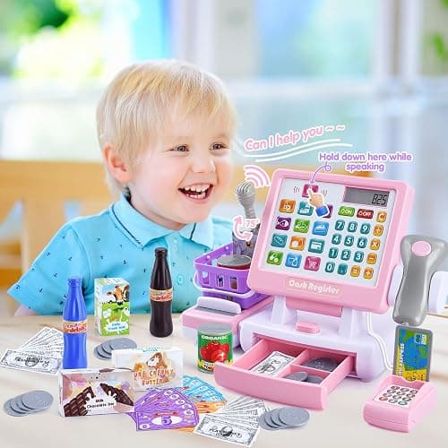 PLAY Kids Cash Register Toy - Pretend Play Calculator Register Toys with Microphone/Conveyors/Play Money/Scanner/Credit Card/Cans/Drink, 3+ Toddler Develops Early Math Skills Learning Toys thumbnail 2