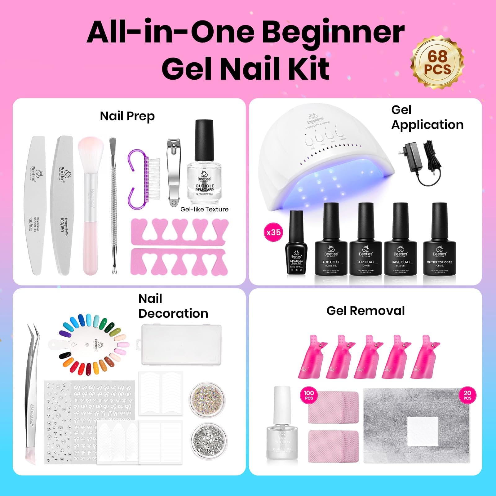 Beetles Gel Nail Kit with UV Lamp 68PCS Gel Polish Set 35 Colour Nail Art Starter Kit with Base Coat Glossy & Matte Top Coat All Season Manicure Supplies for DIY Home Salon Emotional Spectrum thumbnail 2