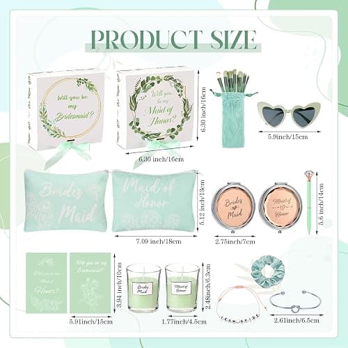Nuogo 88 Pcs 8 Sets Bridesmaid Proposal Gift Wedding Bridesmaid Box Set Maid of Honor Gift Include Box Candle Invited Cards Scrunchies Hair Elastics Ties Knotted Bracelets Diamond Pens(Green,Modern) thumbnail 2