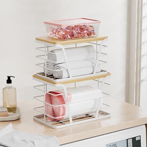 TIDIIABODE 2 Pack Stackable Laundry Room Organization and Storage, Laundry Room Decor and Accessories, Trash Bag Holder with Bamboo Top and Garbage Bag Dispenser, White thumbnail 6