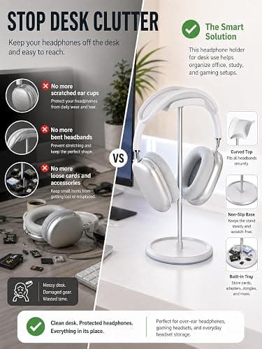 NQQNQQ Headphone Stand【1PACK】 Headphone Holder with Storage Tray Compatible for Max Pro, Beats, Bose and Most Gaming Headphones. 【No Tools Required】 YO-2 (White) thumbnail 2