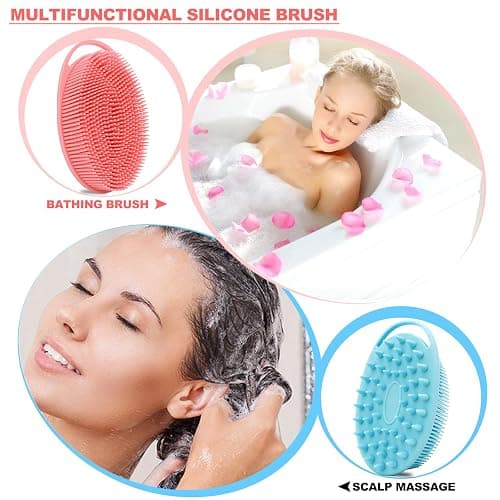 2 Pack Silicone Body Scrubber, Loofah Double-Sided Body Brush,Shower Scrubber and Scalp Massager Shampoo Brush for Sensitive Kids Women Men All Kinds of Skin (Pink & Blue) thumbnail 3