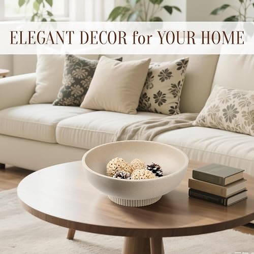 Deobath Large Resin Pedestal Decorative Bowl - Modern Handicraft Bowls for Home Decor - Fruit Bowl for Kitchen Counter - Key Bowl for Entryway Table,Artificial Stone Beige thumbnail 3