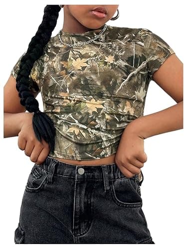 RoseSeek Girl's Camo Crop Tight Shirts Branch Print Short Sleeve Slim Fitted T-Shirt - Image 1