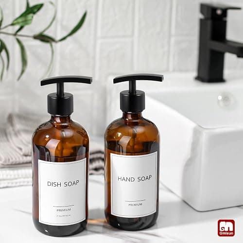 GMISUN Amber Glass Soap Dispenser, 2 Pack Bathroom Hand Soap Dispensers with Stainless Steel Pump, 17 Fl Oz Kitchen Hand and Dish Soap Dispenser Set, Modern Vintage Liquid Brown Soap Dispensers Bottle thumbnail 2